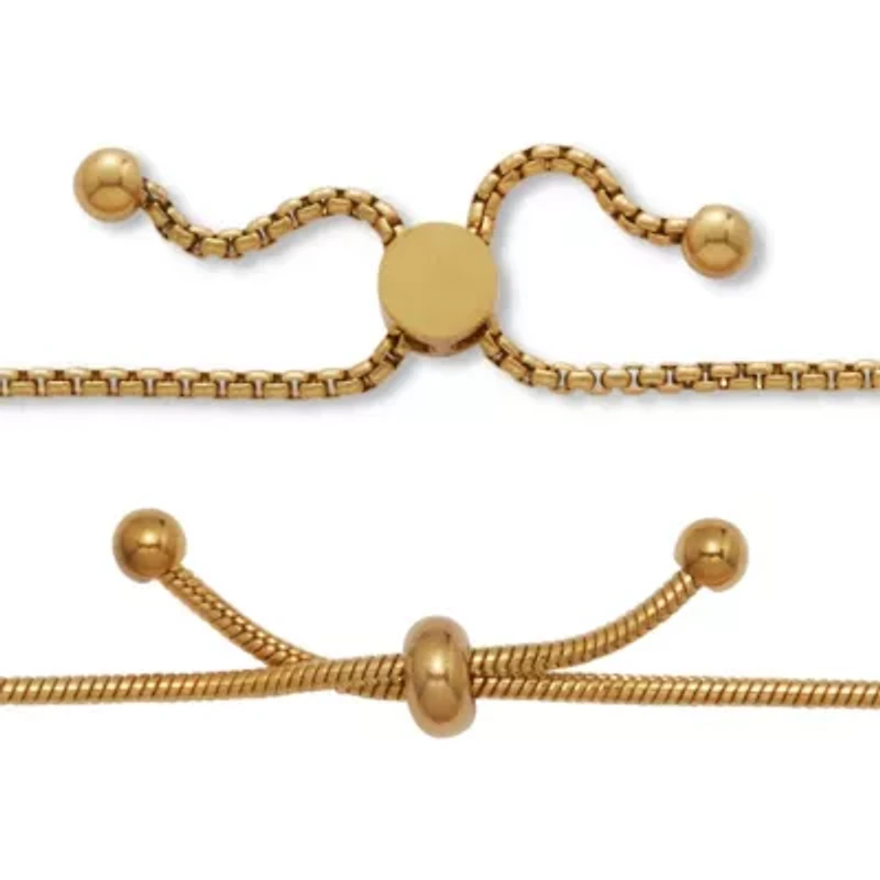 Round Crystal Gold Ion-Plated Stainless Steel Heart Charm Bracelet Set 7-inch