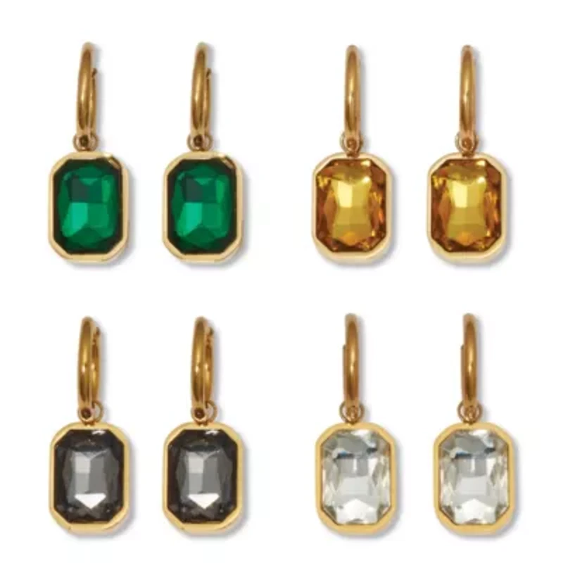 Emerald Cut Crystal Yellow Gold Ion-Plated Stainless Steel Drop Earrings Set