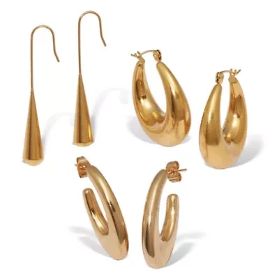 Hoop Yellow Gold Ion-Plated Stainless Steel Earrings, 3-Pair Set