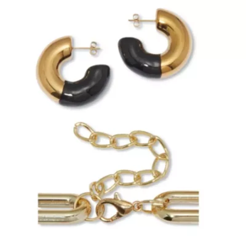 Acrylic Link Necklace Black and Gold Ion-Plated Stainless Steel Earrings Set