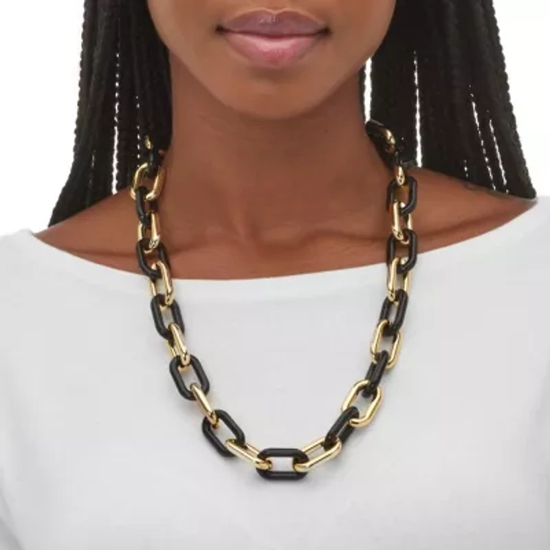 Acrylic Link Necklace Black and Gold Ion-Plated Stainless Steel Earrings Set