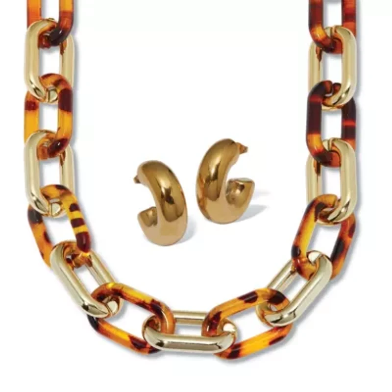 Acrylic Link Tortoise Shell and Gold Ion-Plated Stainless Steel Jewelry Set
