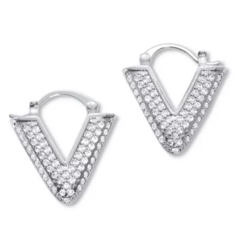 Round Pave-Style Crystal Silvertone V-Hoop Earrings
