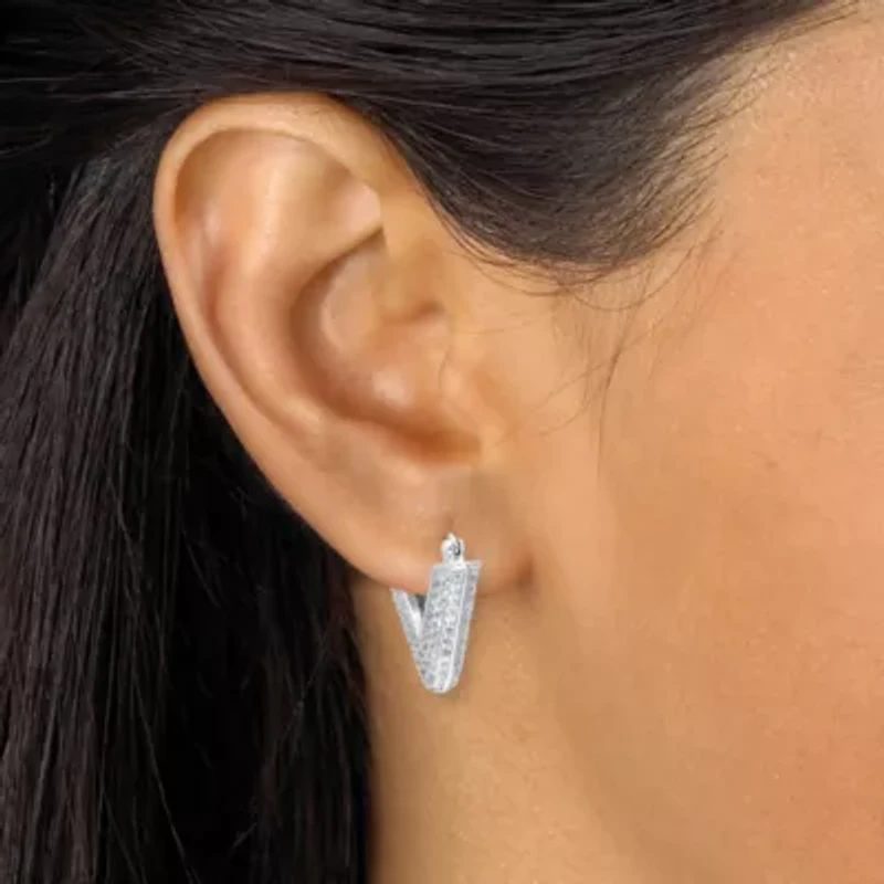 Round Pave-Style Crystal Silvertone V-Hoop Earrings