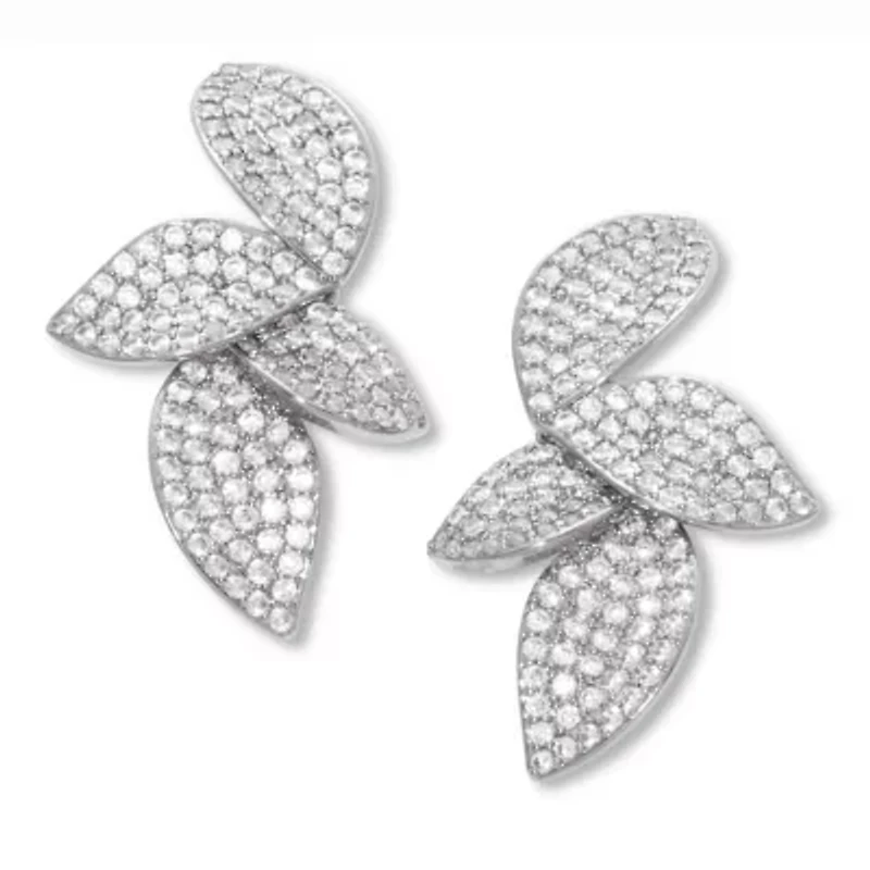 Round Pave-Style Crystal Silvertone Drop Flower Shape Earrings