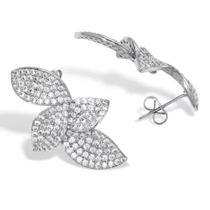 Round Pave-Style Crystal Silvertone Drop Flower Shape Earrings