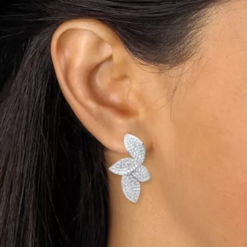 Round Pave-Style Crystal Silvertone Drop Flower Shape Earrings