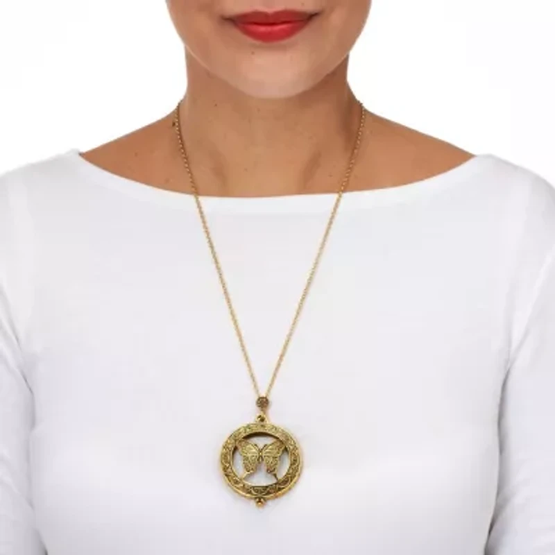 Butterfly Magnifying Glass Goldtone Pendant Necklace 24-inch