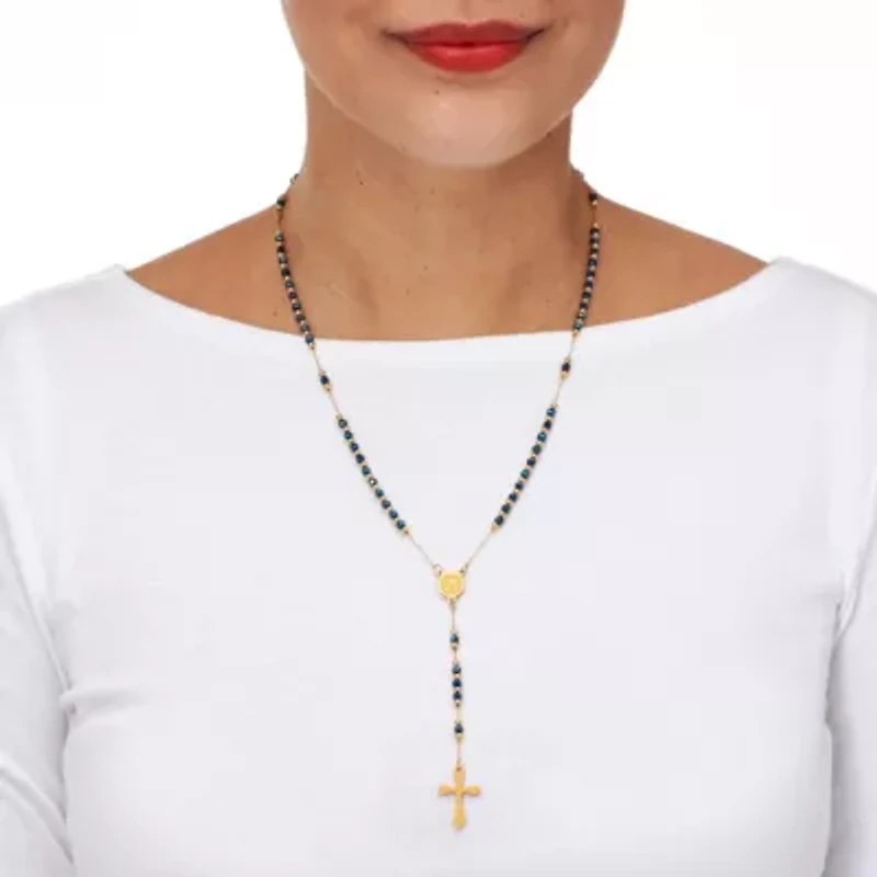 Yellow Gold Ion-Plated Stainless Steel Crystal Beaded Rosary Necklace 21-inch