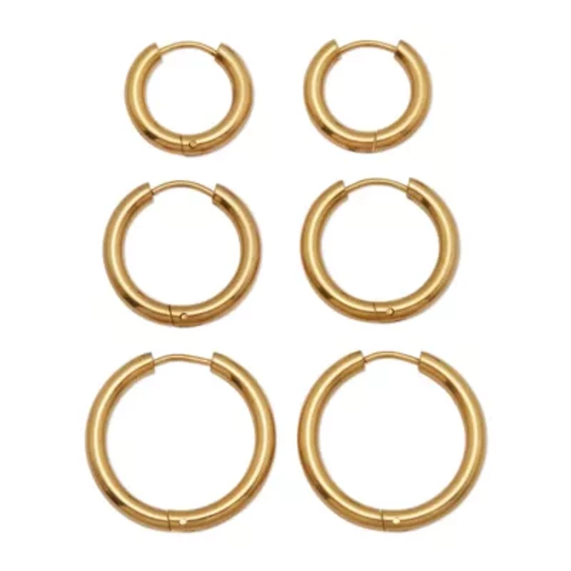 3-Pair Gold Ion-Plated Stainless Steel Hoops, 5/8-inch, 8/10-inch and 1-inch