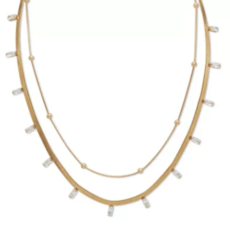 2-Pair Gold Ion-Plated Stainless Steel Crystal Necklace Set 15.5 inch