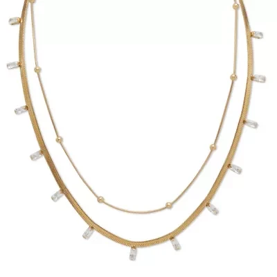 2-Pair Gold Ion-Plated Stainless Steel Crystal Necklace Set 15.5 inch