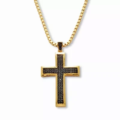 Men's .65 TCW Black Cubic Zirconia Cross Pendant Necklace Gold-Plated 24 Inches
