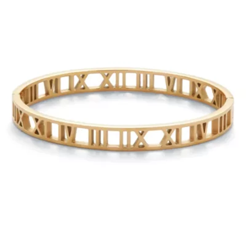 Roman Numeral Gold Ion-Plated Stainless Steel Bangle Bracelet