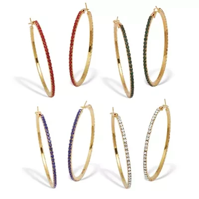 4 Pair Colorful Crystal Goldtone Hoop Earrings, 2 3/10 inches
