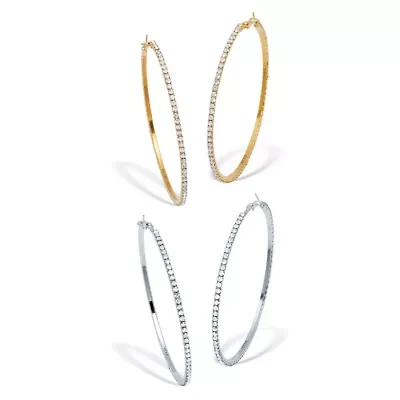 2 Pair Crystal Hoop Goldtone and Silvertone Earrings, 3 Inches