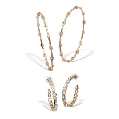 2-Pair Bezel-Set Crystal Goldtone Hoop Earrings, 1.5 and 3 Inches