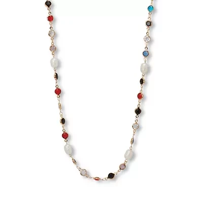 Colorful Crystal and Pearl Yellow Gold Ion-Plated Long Necklace, 40 Inches