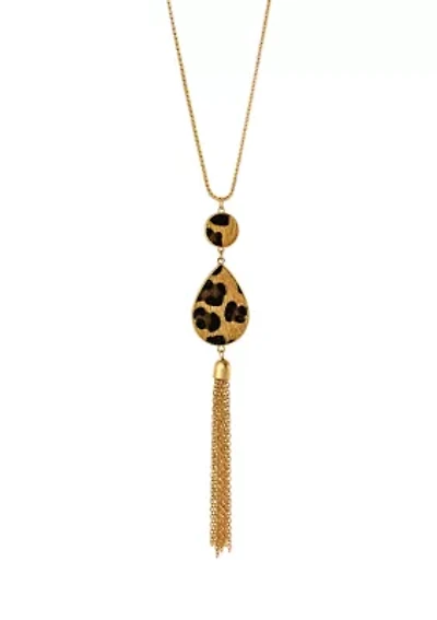 Gold Tone Leopard Print Double Teardrop Necklace with Chain Tassel