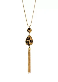 Gold Tone Leopard Print Double Teardrop Necklace with Chain Tassel