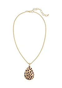 Gold Tone Leopard Print Metal Teardrop Pendant Necklace on Chain