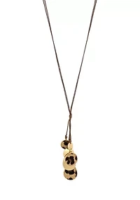 Gold Tone Long Brown Cord Necklace with Multi Leopard Print Disc Tassel Drops