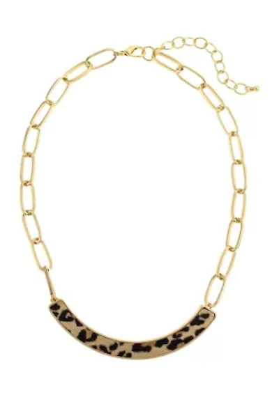 Gold-Tone Short Leopard Print Frontal Bar on Chain Collar Necklace
