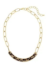 Gold-Tone Short Leopard Print Frontal Bar on Chain Collar Necklace