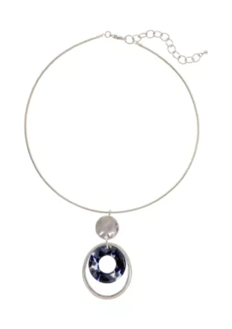 Silver Tone Double Drop Orbital Pendant Necklace with Blue Lucite and Neck Wire