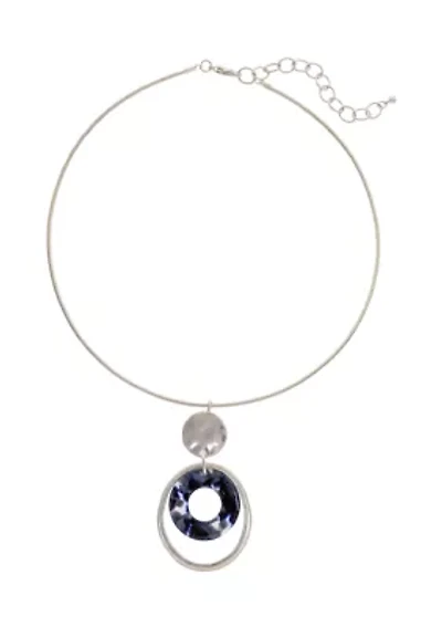 Silver Tone Double Drop Orbital Pendant Necklace with Blue Lucite and Neck Wire