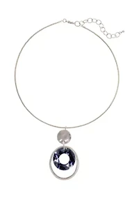 Silver Tone Double Drop Orbital Pendant Necklace with Blue Lucite and Neck Wire