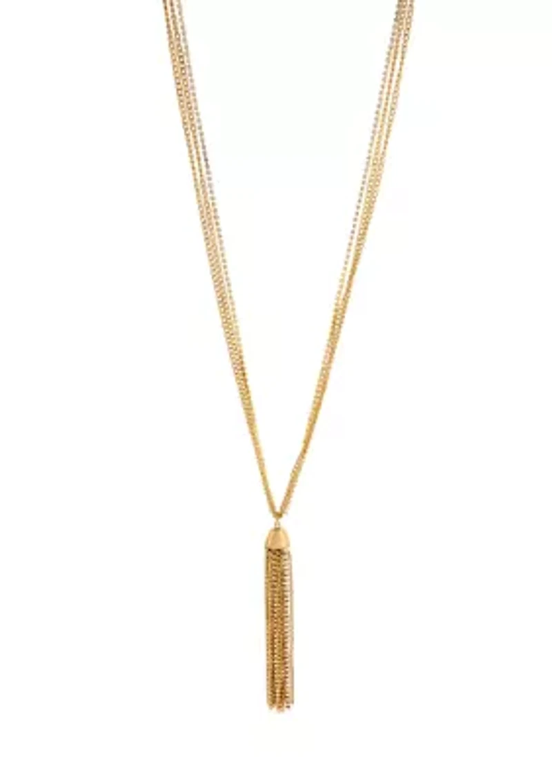 Gold Tone Long Chain Tassel Necklace 