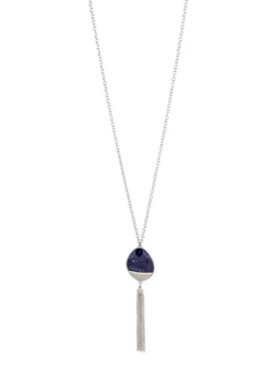  Silver-tone, 32 Inch+3 Inch Extender Long Chain Necklace With Organic Blue Stone Pendant With Chain Tassel  
