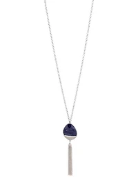  Silver-tone, 32 Inch+3 Inch Extender Long Chain Necklace With Organic Blue Stone Pendant With Chain Tassel  