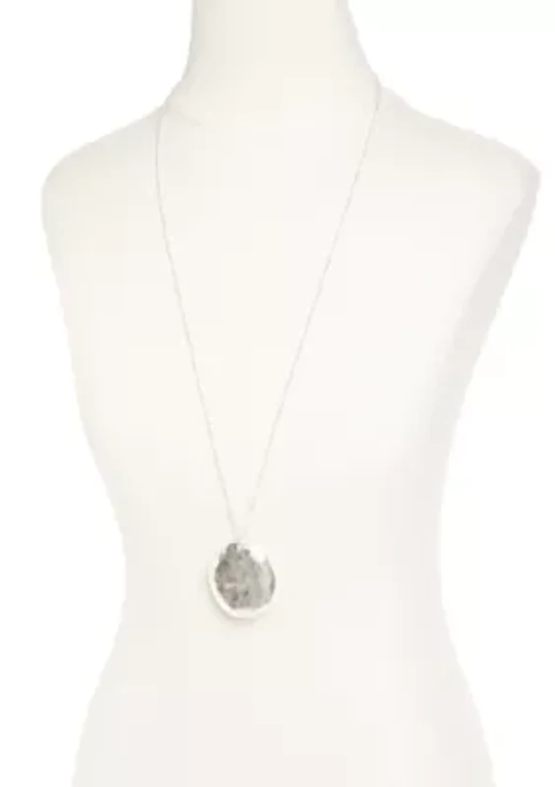 Silver-Tone Casual Metal Stone Disc Pendant Necklace