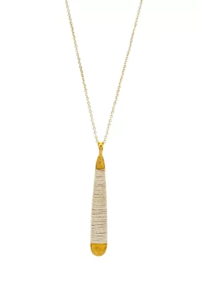 Long Gold Tone Bar Pendant with Silver Wire Wrapping Necklace