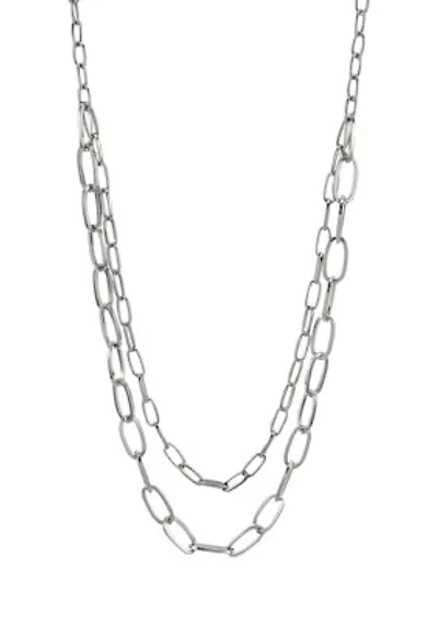 Silver Tone Nested Long 2 Row Chain Link Necklace