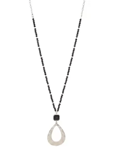 Silver Tone 34 Inch + 3 Extender Jet Beaded Necklace with Open Teardrop Pendant Square Stone Accent