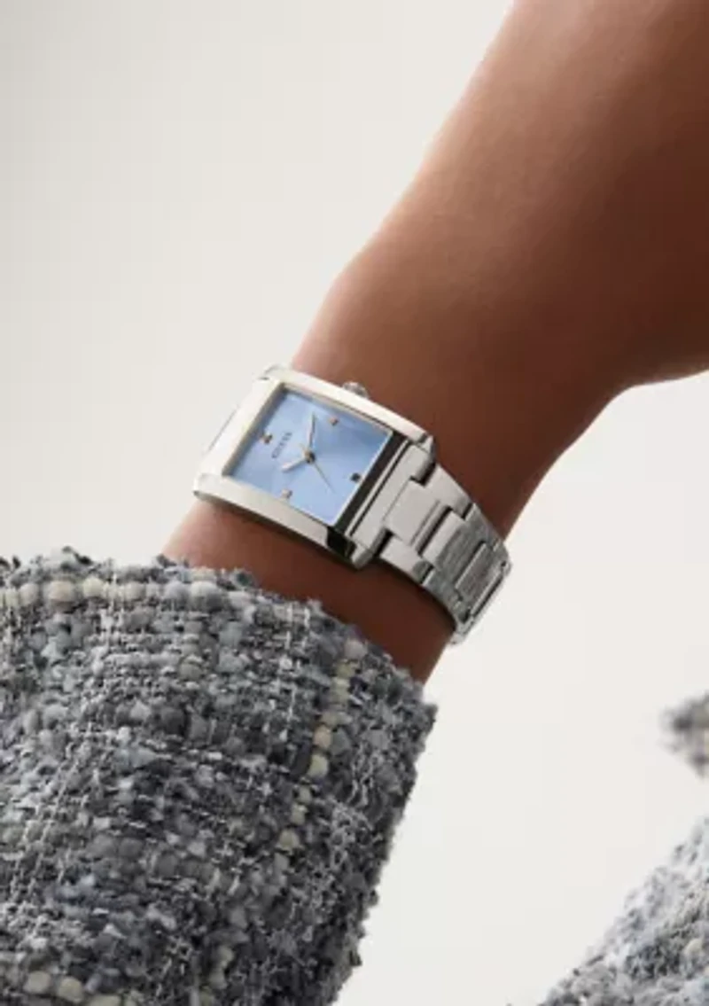 Silver Tone Blue Rectangle Face Watch