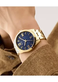 Gold Tone Blue Face Analog Watch