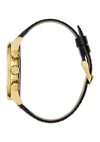 Gold Tone Black Strap Multi Function Watch