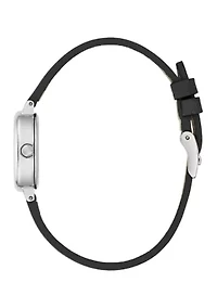 Silver Tone Thin Black Leather Strap Watch
