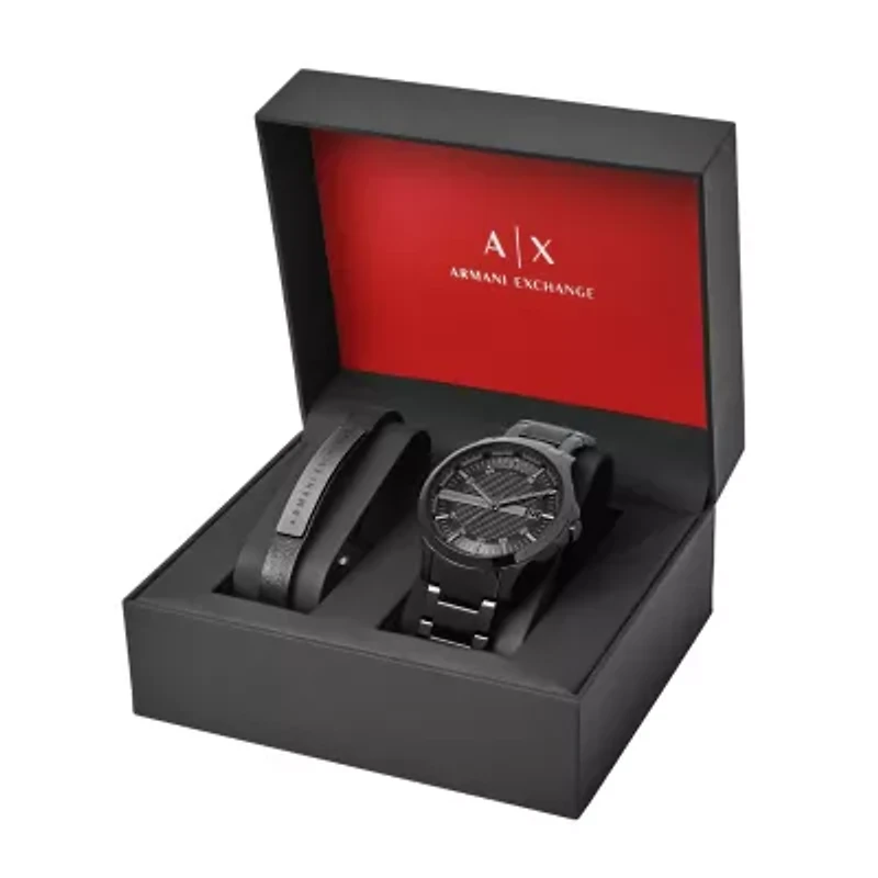 Three-Hand Date Black Stainless Steel Watch and Bracelet Gift Set