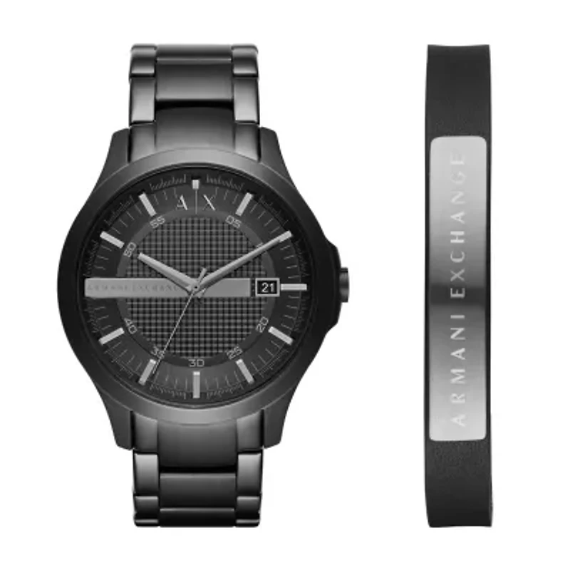 Three-Hand Date Black Stainless Steel Watch and Bracelet Gift Set