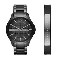 Three-Hand Date Black Stainless Steel Watch and Bracelet Gift Set