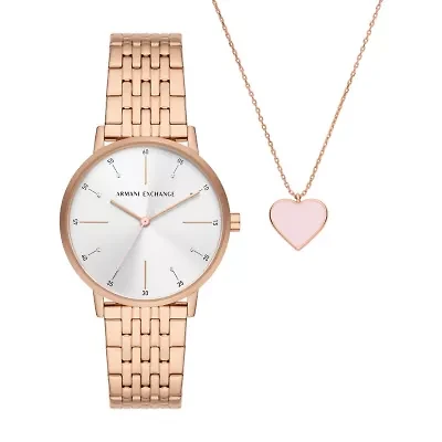 Three-Hand Rose Gold-Tone Stainless Steel Watch and Rose Gold-Tone Stainless Steel Necklace Set