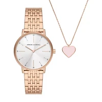 Three-Hand Rose Gold-Tone Stainless Steel Watch and Rose Gold-Tone Stainless Steel Necklace Set