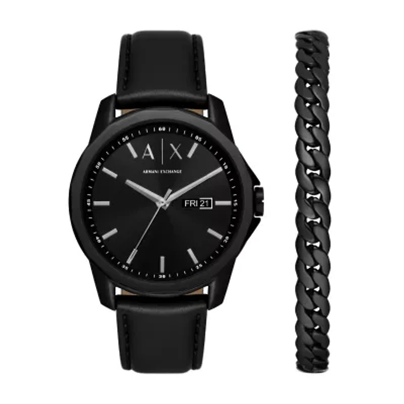 Three-Hand Day-Date Black Leather Watch and Black Stainless Steel Bracelet Set