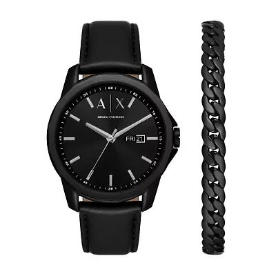 Three-Hand Day-Date Black Leather Watch and Black Stainless Steel Bracelet Set
