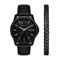 Three-Hand Day-Date Black Leather Watch and Black Stainless Steel Bracelet Set